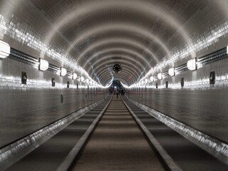 Alter Elbtunnel Old Elbe tunnel subterranean underground tube in central Hamburg and Sankt Pauli...