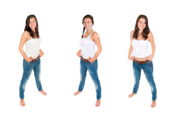 Three full length portraits of a laughing young woman wearing blue jeans and white top, isolated on white studio background