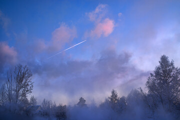 Winter trees in mountains covered with fresh snow