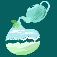 Teapot with tea leaves and landscape from the mountain