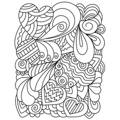 Anti stress coloring page with hearts and ornate patterns, outline drawing for Valentine's day