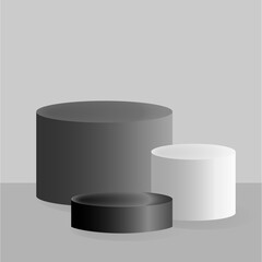 Cylindrical podiums for product placement. Volumetric figures, composition in the style of minimalism, black and white tones. Vector illustration