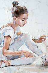 .A young ballerina in light tutus prepares for performances. The background is white. Oil painting on canvas.