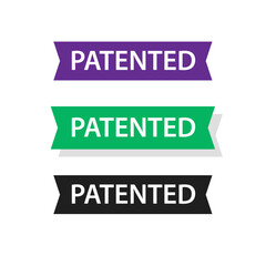 Patented badge label ribbon vector set, patent tag sticker isolated icon