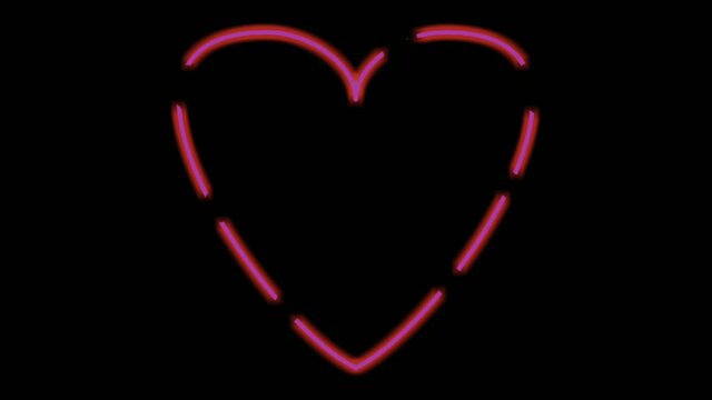 two hearts on black.neon red violet light shining and glowing heart shape symbol on dark background, love and romance sign 4k footage .Valentine day concept