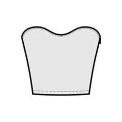 Top crop strapless scoop neckline technical fashion illustration with slim fit, waist length. Flat apparel shirt outwear template front, grey color. Women men unisex CAD mockup