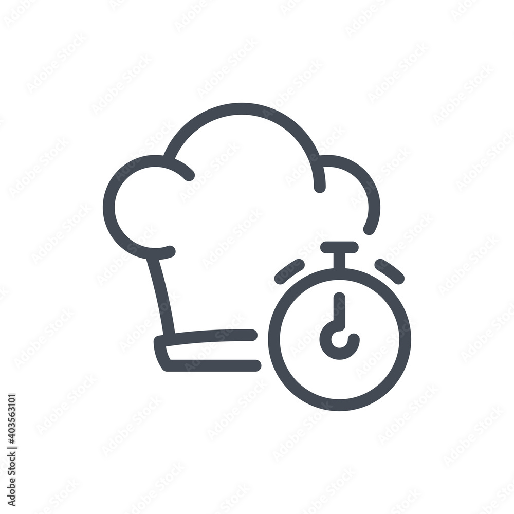 Poster cooking time line icon. chef hat with timer vector outline sign.