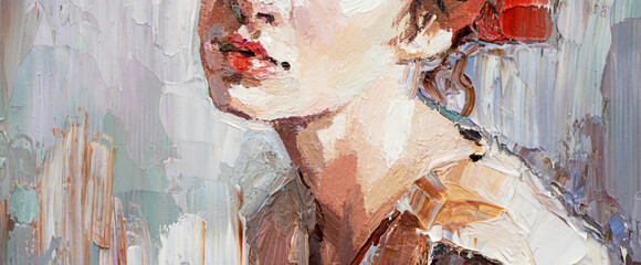 .Fragment of a portrait of a young beautiful girl with red lips. Oil painting on canvas. - obrazy, fototapety, plakaty