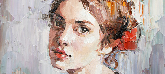Young woman with beautiful mysterious brown eyes. Textured art. Fragment of oil painting.