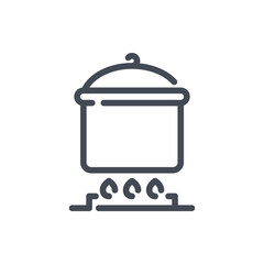 Pot on fire line icon. Kitchen pot on gas stove vector outline sign.