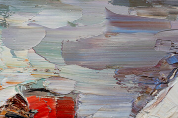 Abstract art. Expressive embossed pasty oil paints and reliefs. Colors: blue, red, white, grey, orange.