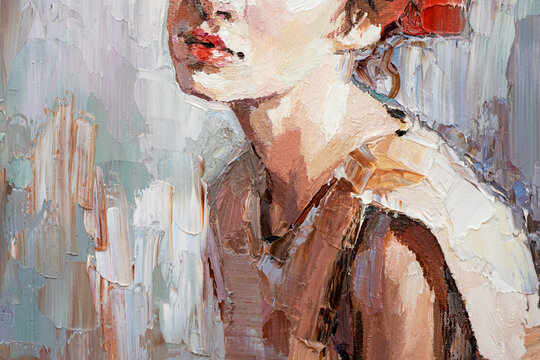 Naklejka .Fragment of a portrait of a young beautiful girl with red lips. Oil painting on canvas.