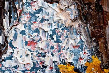 Macro. Abstract art. Expressive embossed pasty oil paints and reliefs. Colors: white, blue, brown.