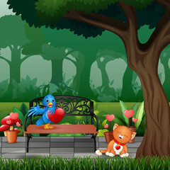 Cartoon of blue bird and a cat in the park