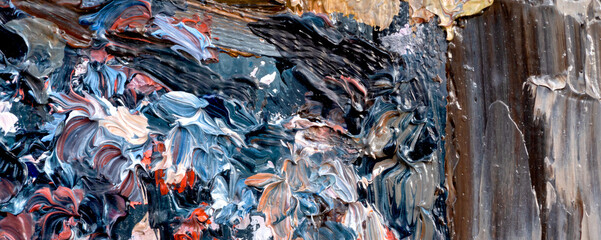 Macro. Abstract art. Expressive embossed pasty oil paints and reliefs. Colors: white, blue, brown, red.