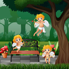 Three little cupids in the park illustration