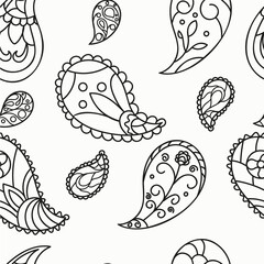 Paisley seamless pattern. Elements are in different shapes and minimalist ornaments. Vector outline illustration on white background designed for textiles, prints, coloring book for adults and kids.