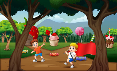 Cartoon children playing in the sweet land