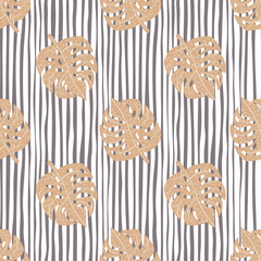 Doodle beige monstera leaves seamless hand drawn pattern. Striped background with white lines. Great for fabric design, textile print, wrapping, cover. Vector illustration.