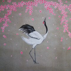 Grus crane under sakura tree