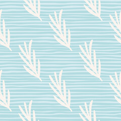 Fototapeta na wymiar Decorative seamless pattern with white rosemary silhouettes ornament. Blue striped background. Designed for fabric design, textile print, wrapping, cover. Vector illustration.