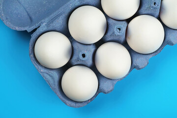 White chicken eggs in a color paper tray on a blue surface, flat view