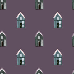 Minimalistic style seamless pattern with simple wood house ornament. Purple pale background. Designed for wallpaper, textile, wrapping paper, fabric print. Vector illustration.