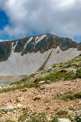Mountain glacier on the way to peak of mount Oshten in the western Caucasus, in the Republic of Adygea, southwestern Russia 
