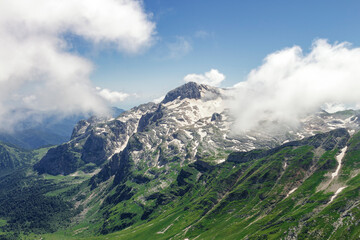 Fototapeta premium View of the rocky peak of Mount Fisht in the Caucasus from the slope of Mount Oshten 