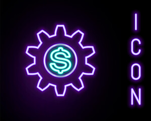 Glowing neon line Gear with dollar symbol icon isolated on black background. Business and finance conceptual icon. Colorful outline concept. Vector.