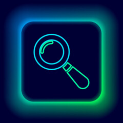 Glowing neon line Magnifying glass icon isolated on black background. Search, focus, zoom, business symbol. Colorful outline concept. Vector.