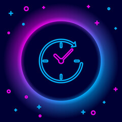 Glowing neon line Clock with arrow icon isolated on black background. Time symbol. Clockwise rotation icon arrow and time. Colorful outline concept. Vector.