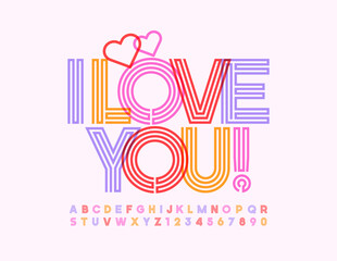 Vector cute card I Love You with Hearts, Creative maze Font. Trendy Alphabet letters and Numbers set