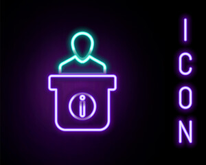 Glowing neon line Information desk icon isolated on black background. Man silhouette standing at information desk. Help person. Information counter. Colorful outline concept. Vector.