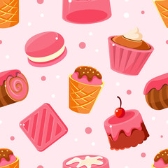 Tasty Desserts Seamless Pattern, Candy Shop, Bar, Cafe, Confectionery Background, Textile, Packaging, Wallpaper, Wrapping Paper Design Vector Illustration