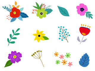 Fototapeta na wymiar 花と花束のイラストセット　春の植物による手描きテイスト