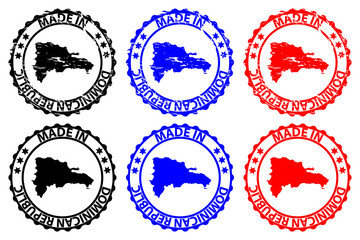 Made in Dominican Republic - rubber stamp - vector, Dominican Republic map pattern - black, blue and red