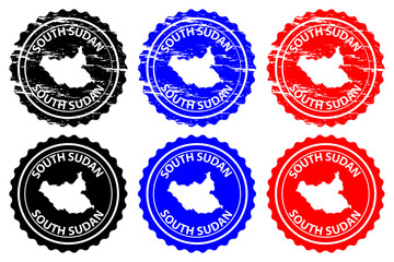 South Sudan - rubber stamp - vector, Republic of South Sudan map pattern - sticker - black, blue and red