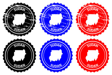 Sudan - rubber stamp - vector, Republic of the Sudan (North Sudan) map pattern - sticker - black, blue and red
