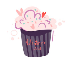 Cupcake Valentine's Day vector illustration. Love romantic greeting card. Holiday baking, sweet dessert decorated with hearts. Cake icon concept for bakery, pastry shop.