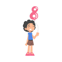 Cute Kid Holding Pink Balloon Shaped as 8 Number Cartoon Style Vector Illustration