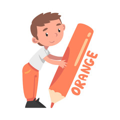 Tiny Boy Holding Huge Orange Pencil, Cute Kid Drawing with Large Crayon Cartoon Style Vector Illustration