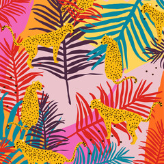 Leopards and tropical leaves poster background vector illustration. Trendy wildlife pattern