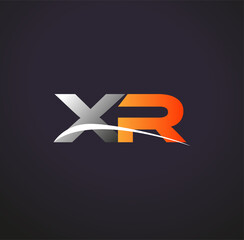 Fototapeta na wymiar initial letter XR logotype company name colored grey and orange swoosh design. isolated on black background.