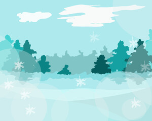 Fototapeta na wymiar Winter landscape with Christmas trees and snowflakes