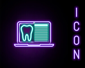 Obraz na płótnie Canvas Glowing neon line Laptop with dental card or patient medical records icon isolated on black background. Dental insurance. Dental clinic report. Colorful outline concept. Vector.