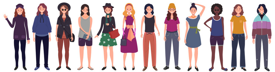 Set of women dressed in trendy casual clothes. Flat cartoon illustration