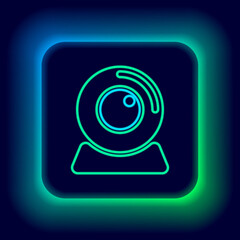 Glowing neon line Web camera icon isolated on black background. Chat camera. Webcam icon. Colorful outline concept. Vector.