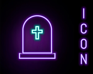 Obraz premium Glowing neon line Tombstone with cross icon isolated on black background. Grave icon. Colorful outline concept. Vector.