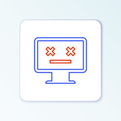 Line Dead monitor icon isolated on white background. 404 error like pc with dead emoji. Fatal error in pc system. Colorful outline concept. Vector.